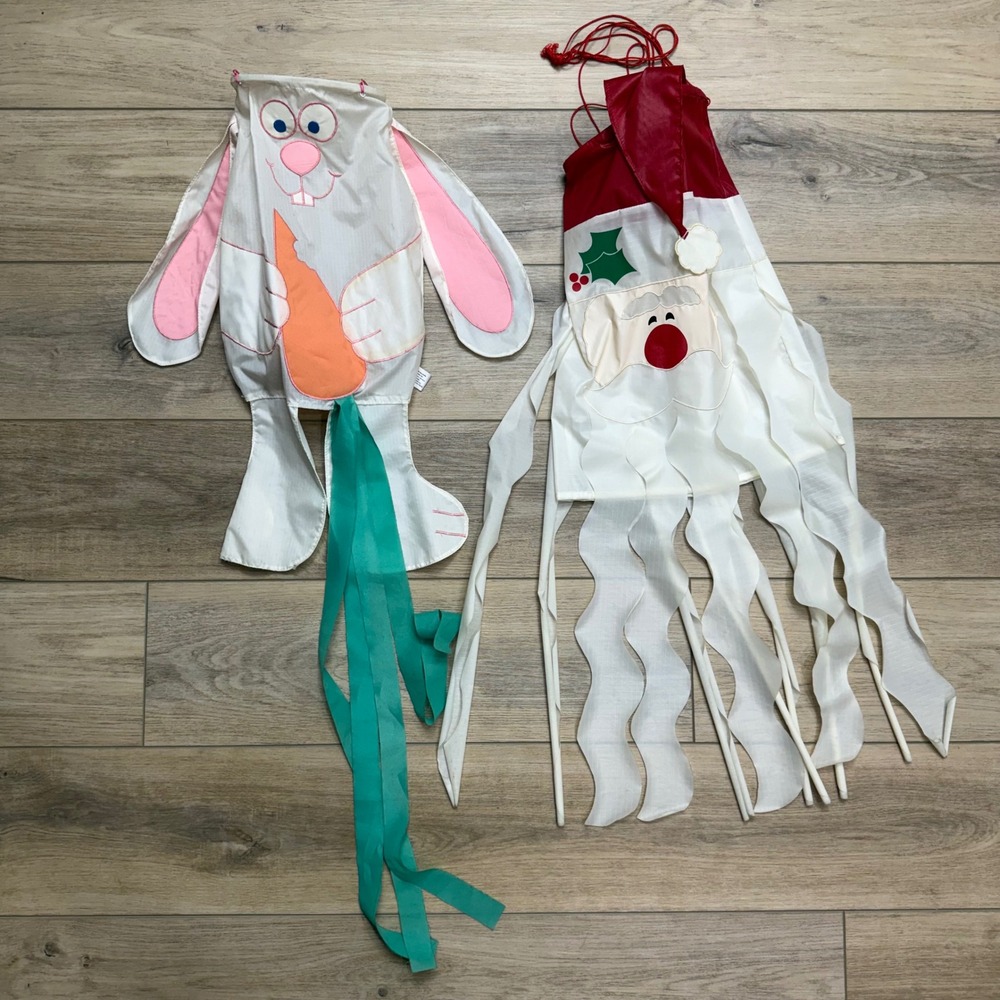 Vintage 1988 Hallmark‎ Windsock Set Easter Bunny & Santa Claus Nylon Holiday